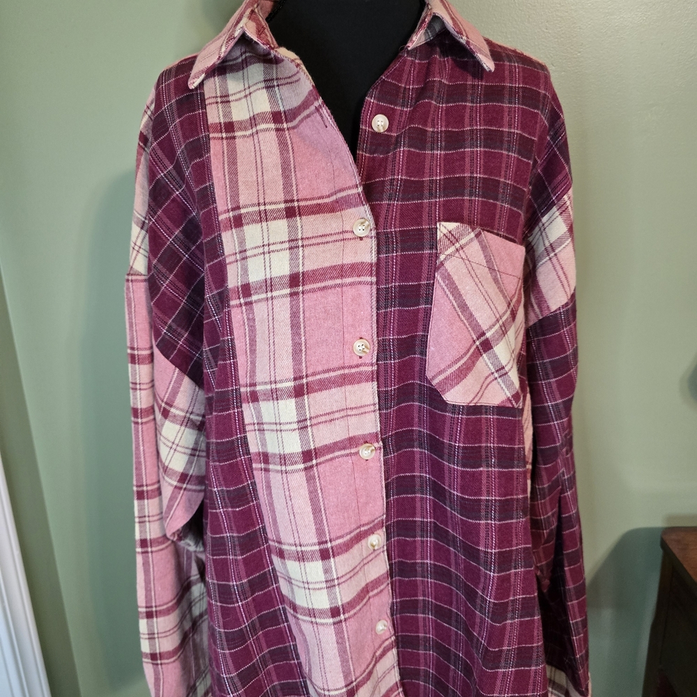 Women's Plaid Button Down Shirt in Pink and Burgundy